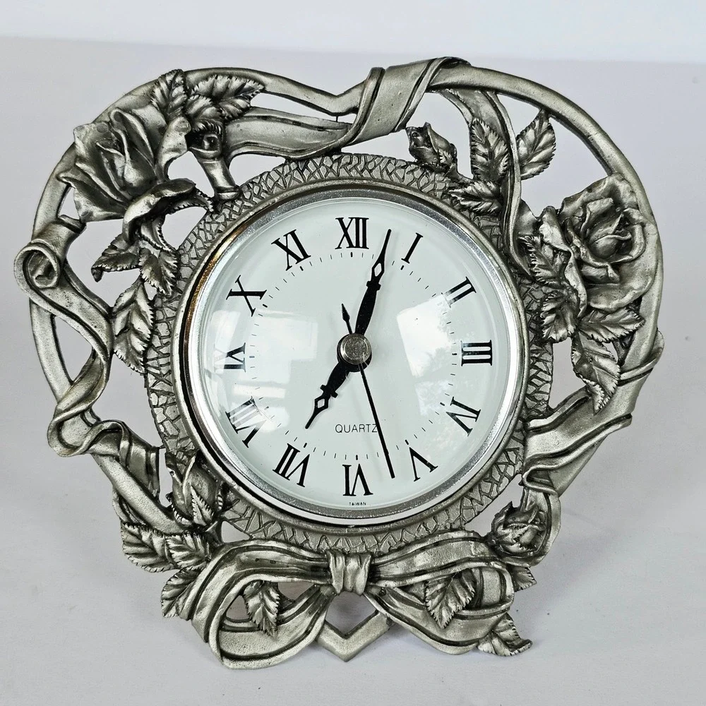 Vintage Pewter Tone Rose Ribbon Heart Desk Clock Victorian Quartz Decor 6in